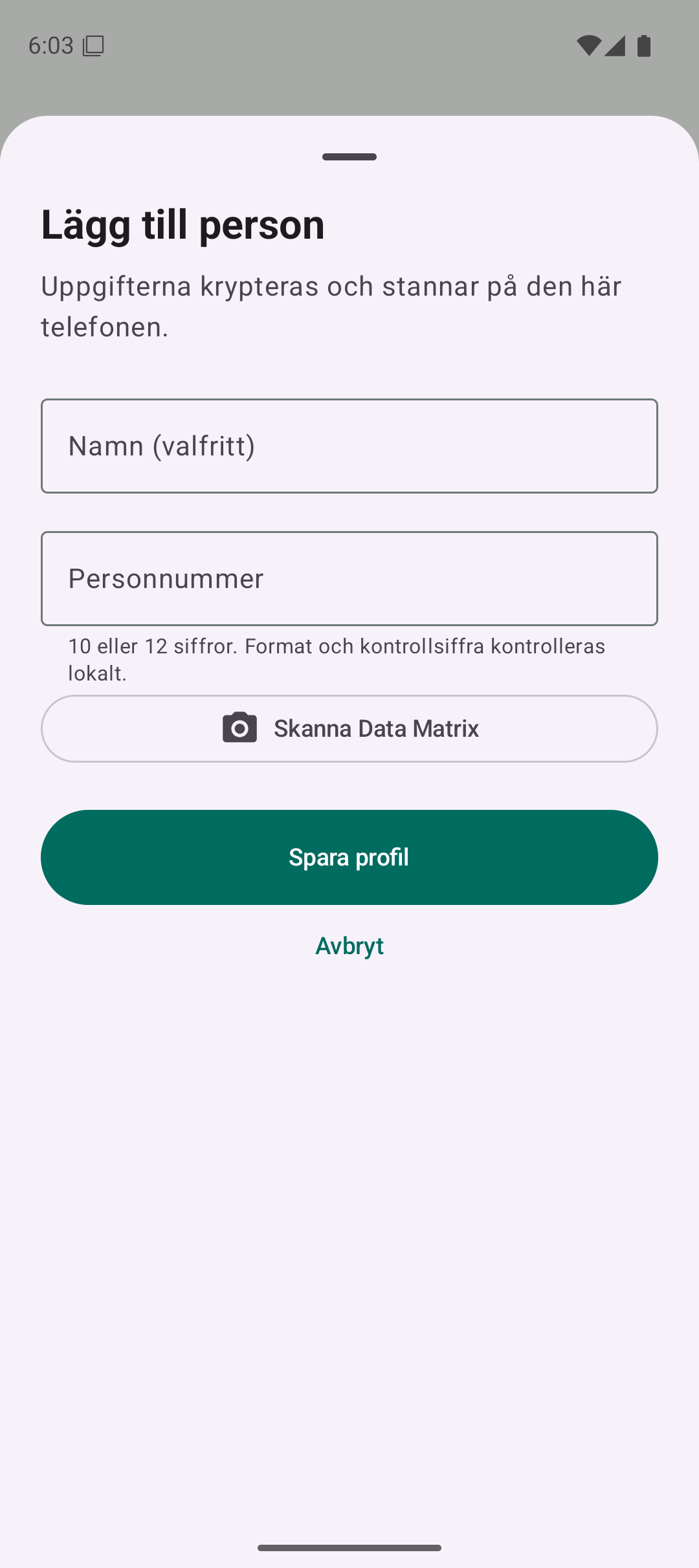 Skärmen Lägg till person med fält för profilnamn och personnummer.