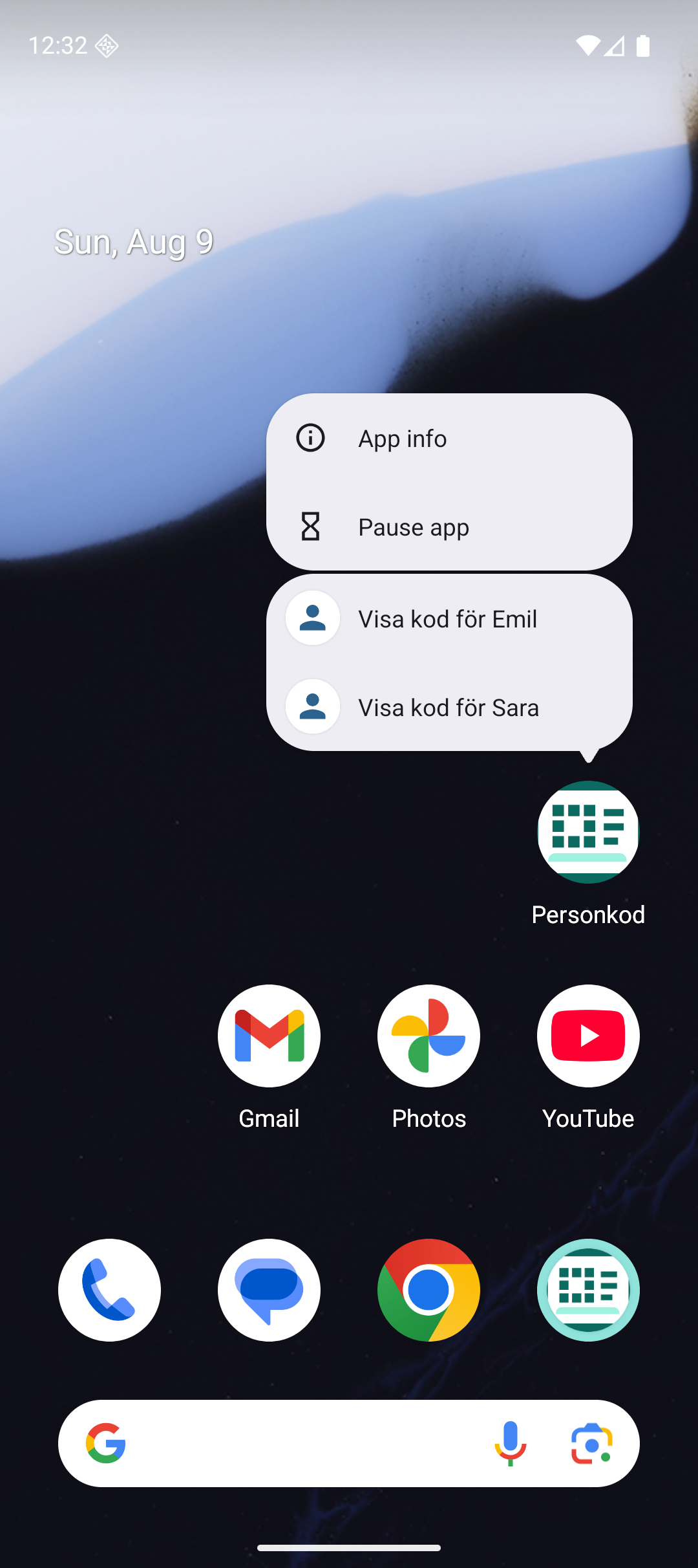 Androids startskärm med snabbval för flera profiler via Personkod-ikonen.